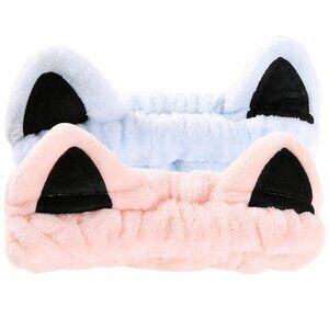 2 Pcs Cat Ears Headband Spa Headbands for Washing Face Headband Blue Pink